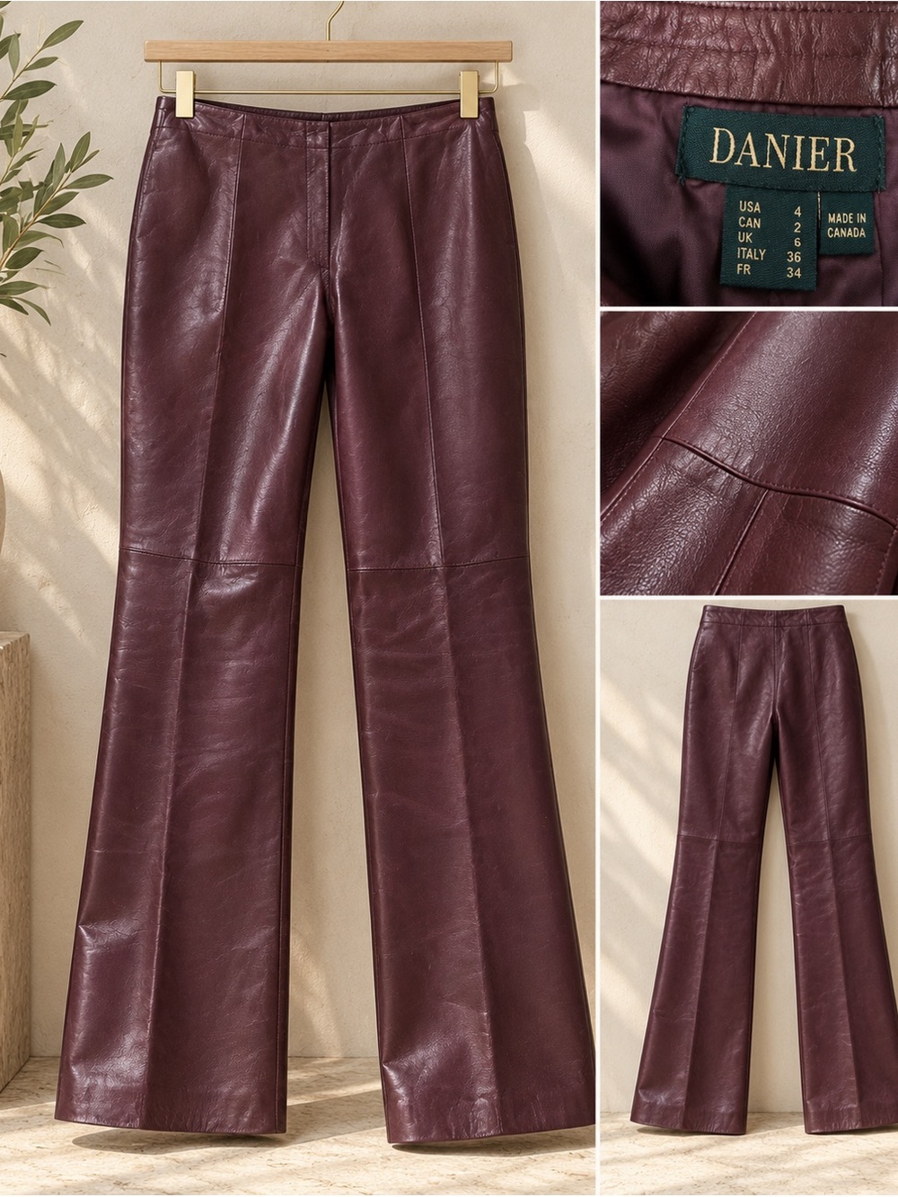 Danier Women's Dark Burgundy Leather Flare Pants